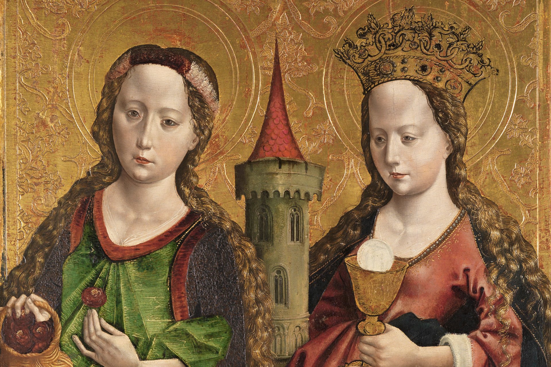 Detail des Gemäldes Die Heiligen Dorothea und Barbara vom Meister der Benda-Madonna